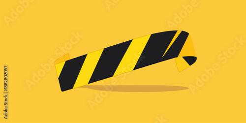Curved yellow and black striped caution tape with shadow on bright yellow background for hazard warning and safety barrier concept vector illustration in flat minimalist style