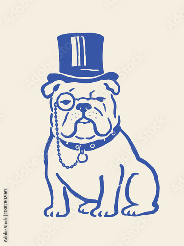 Bulldog with monocle and top hat doodle line art vector illustration