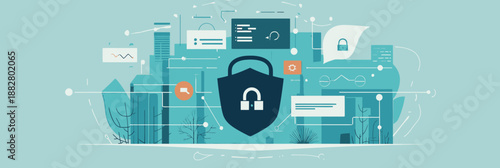 Cyber security protection shield digital data lock cloud computing network interface with cityscape background technology concept flat vector illustration banner design