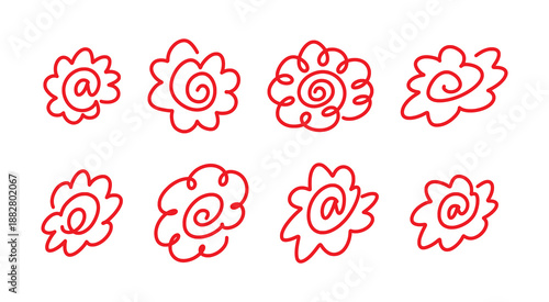 Set of red hand drawn Hanamaru flower symbols for marking correct answers. Japanese teacher reward stamps and flower-shaped spirals. Hanamaru sign, symbol.