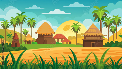 Village scene with palm trees and hut homes Vector