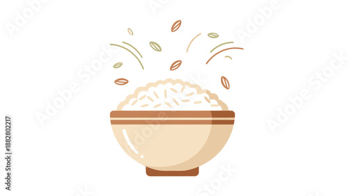 Aesthetic Rice Bowl Illustration with Decorative Elements: Clean Minimalist Style
