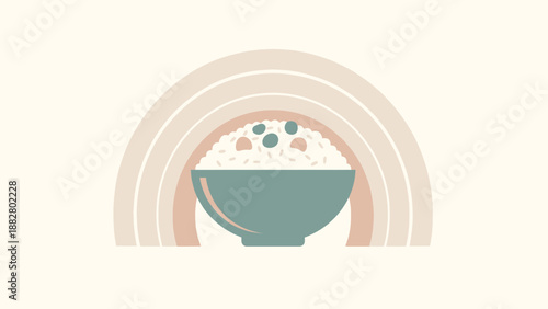 Aesthetic Rice Bowl with Rainbow Backdrop, Minimalist Food Illustration for Design