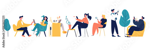 People relaxing in modern cafe setting drinking coffee and using mobile devices with minimalistic flat design and casual atmosphere illustration