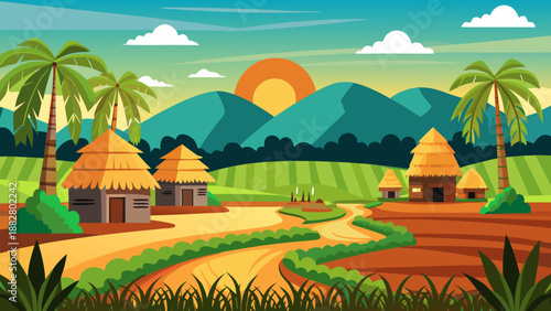 Serene tropical village sunset Vector