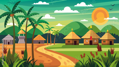 Village life in tropical landscape Vector