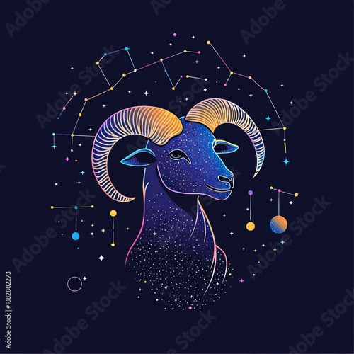 Abstract ram head with cosmic star constellation and celestial planets in minimalist space vector illustration for astrology and zodiac sign concept