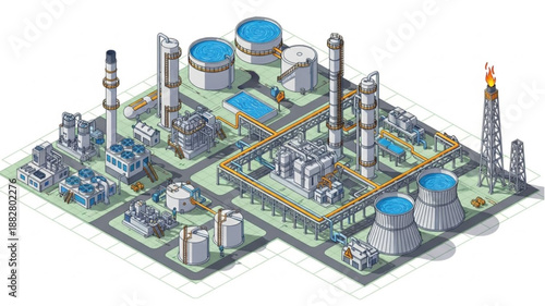 Industrial Oil Refinery Complex with Storage Tanks and Towers.