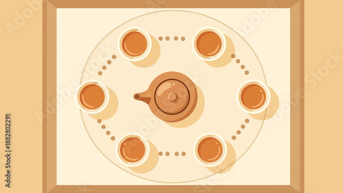 Aesthetic Teatime Arrangement: Artistic Illustration of Tea Cups and a Teapot