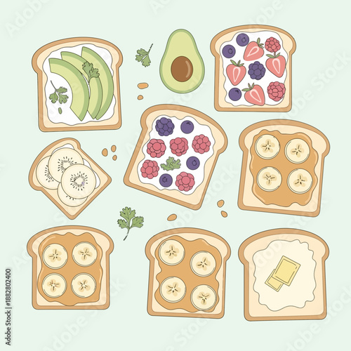 Artistic Illustration of Delicious, Fresh, and Nutritious Toast Varieties for Healthy Breakfast