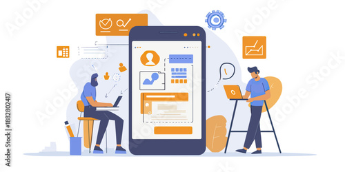 mobile application development process with user interface design on large smartphone screen and business team working with laptop flat vector illustration
