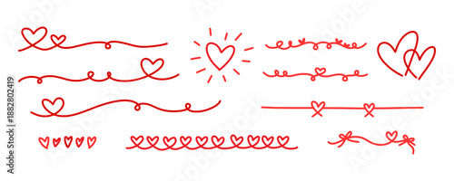 Set of hand drawn red heart doodles, romantic swirls, decorative dividers, and love symbols for Valentine's Day or wedding designs. Decorative romantic border lines with hearts.