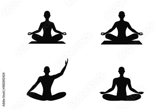 Silhouette yoga meditation poses set with men in lotus position on mats for mindfulness relaxation and health practice icons vector illustration flat design
