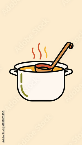 Animated Illustration Of A Hearty Soup Boiling In A Pot With A Ladle Ready For Serving