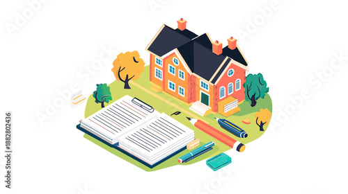 Isometric school building with open notebook, pencils, pen, and eraser on green grass circle, education and learning concept vector illustration