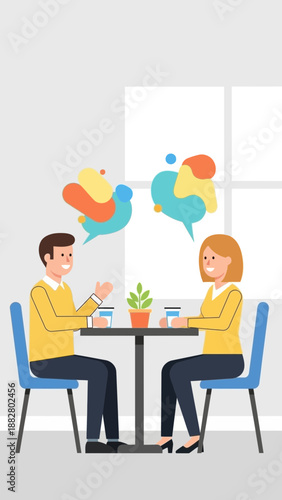 Animated Illustration Of Two Individuals Engaging in Dialogue at Cafe With Speech Bubbles Displayed