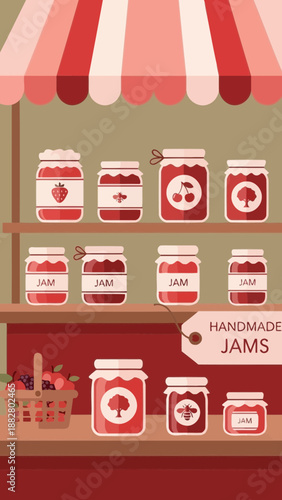 Artistic Illustration of Handmade Jams Displayed on a Rustic Stall for Selling Delicious Preserves