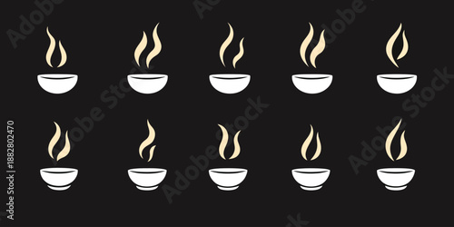 Minimalist vector set of hot steam rising from cups with various smoke shapes on dark background black simple line art icons collection for beverage aroma design