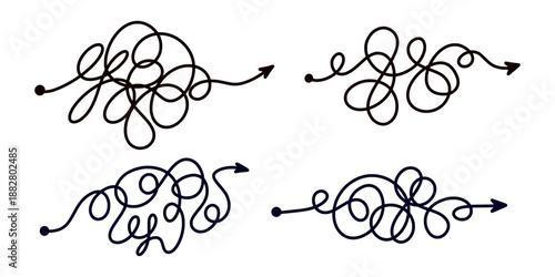 Set of four tangled scribble lines transitioning from chaos to straight arrow. Concept of problem solving, simple solution, untangling process, and efficient business strategy development.