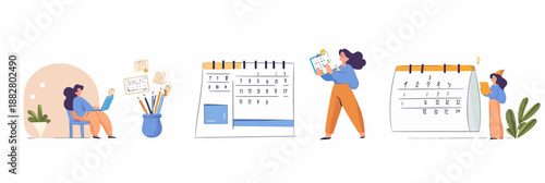 woman reading book sitting armchair calendar notes planning organization daily routine productivity concept flat minimalist vector illustration