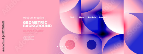 Abstract geometric background design. Pink, blue hues create modern website header. Text elements present portfolio information.