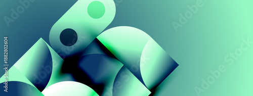 Abstract composition features overlapping translucent shapes. Cool turquoise hues dominate, creating dynamic visual effect. Minimalist design.