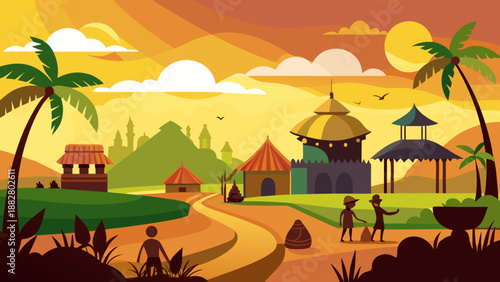 Village sunset scene Vector