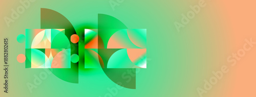 Abstract geometric shapes blend vibrant greens, oranges. Soft gradients create modern, dynamic visual composition. Minimalist design.