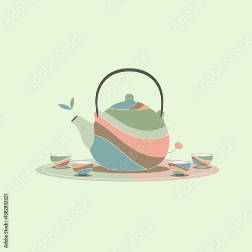 Artistic Teapot Display With Pastel Stripes And Tea Cups For Relaxation And Calmness