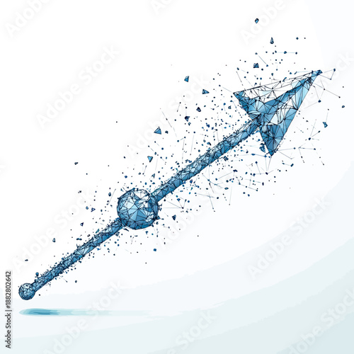 Polygonal blue arrow with geometric wireframe structure and scattered debris, abstract technology and direction concept illustration in vector style