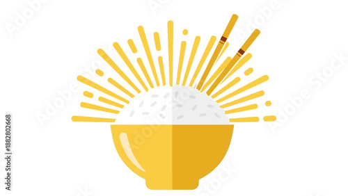 Asian Cuisine Illustration: Rice Bowl And Chopsticks With Graphic Golden Element