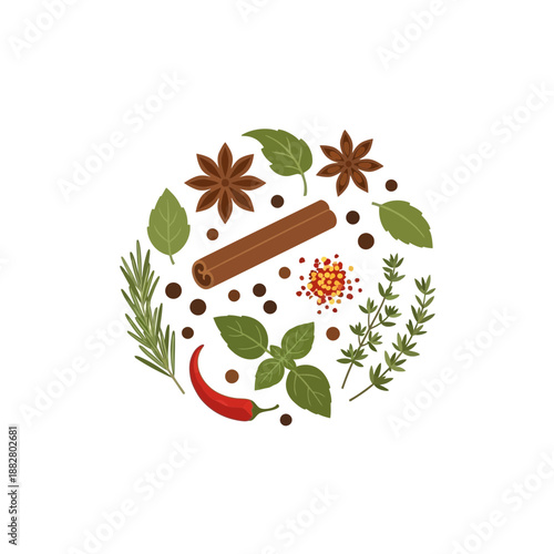 Aromatic Herbs And Spices: Culinary Ingredients Arranged In A Circular, Flavorful Design