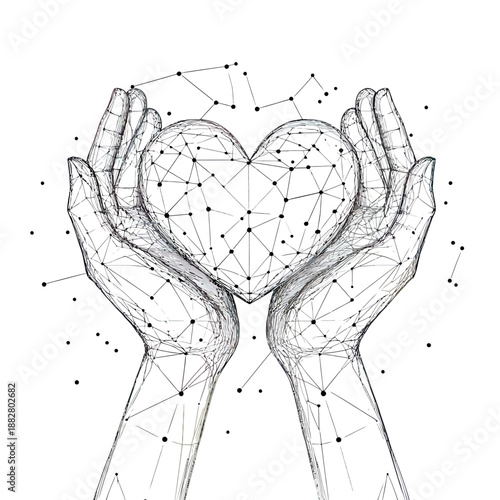 Abstract low poly wireframe hands holding digital heart shape with connected dots and lines concept of care support love and connection in black and white vector sketch drawing