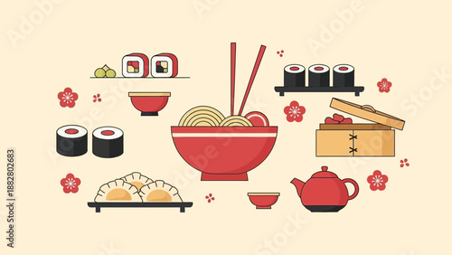 Asian Cuisine: Delightful Array Of Food And Beverages With Simplified Illustrations