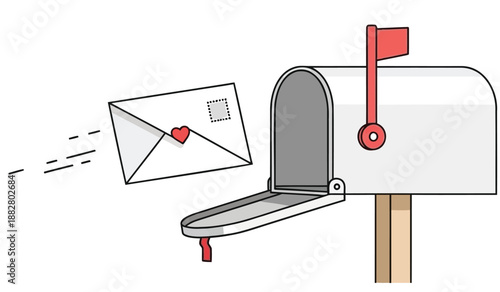 Mail being inserted into a white mailbox with red flag on a wooden post
