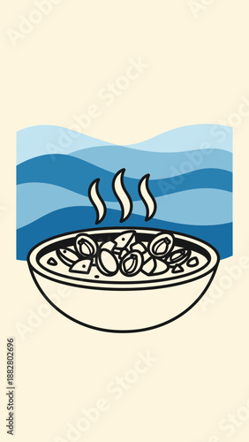 Aromatic Seafood Stew with a Coastal Backdrop in Minimalist Illustration Style