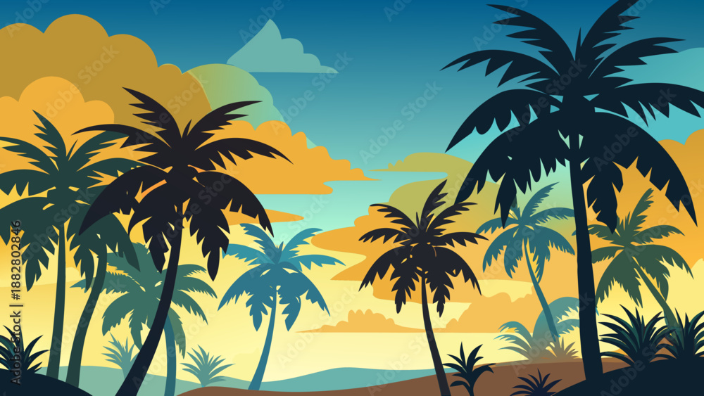 Obraz premium Tropical sunset with palm trees Vector