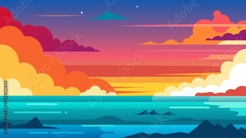 Vibrant sunset over calm ocean Vector