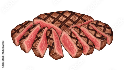Succulent grilled steak, artfully sliced to reveal its tender, perfectly cooked interior and distinctive char marks