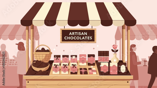 Artisan Chocolate Market Stall Displaying Delicious Treats in a Charming Illustration