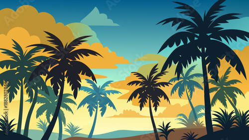 Tropical sunset with palm trees Vector