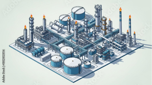 Industrial Oil Refinery Complex with Storage Tanks and Towers.