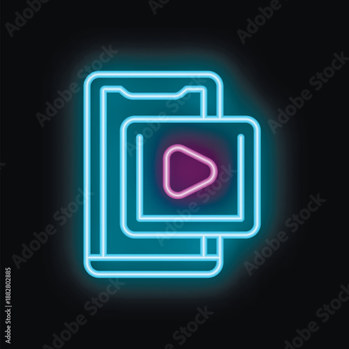 Neon sign showing a smartphone playing a video streaming on a black background