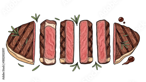 Succulent grilled steak slices adorned with aromatic rosemary and savory sauce drops a vibrant culinary illustration