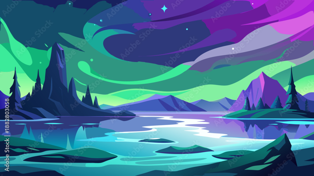 Obraz premium Northern lights over serene lake Vector