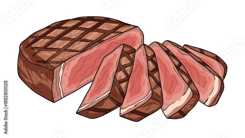 Sizzling perfectly grilled steak artwork showcasing tender juicy meat slices for a delicious meal preparation icon ideal for culinary design