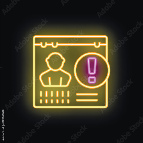 Neon glowing symbol of a warning sign appearing on a user profile with personal information