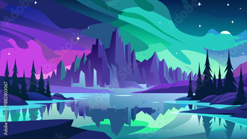 Vibrant mountain lake under northern lights Vector