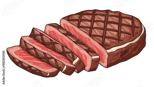 Exquisitely grilled steak slices revealing a tender pink interior and enticing crosshatch marks a delicious culinary presentation of premium meat