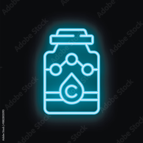 Blue neon sign showing a bottle of vitamin c with its chemical formula, on a black background